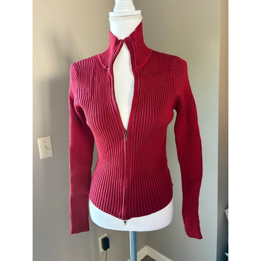 MUSERA Women Red Ribbed Full Zip High Neck Cardigan Sweater Size XL